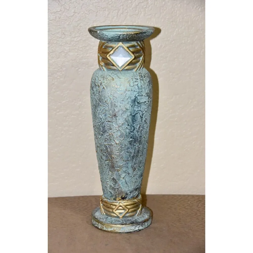 Jaru Art Deco Green and Gold Cast Stone Ceramic Pillar Candle Holder